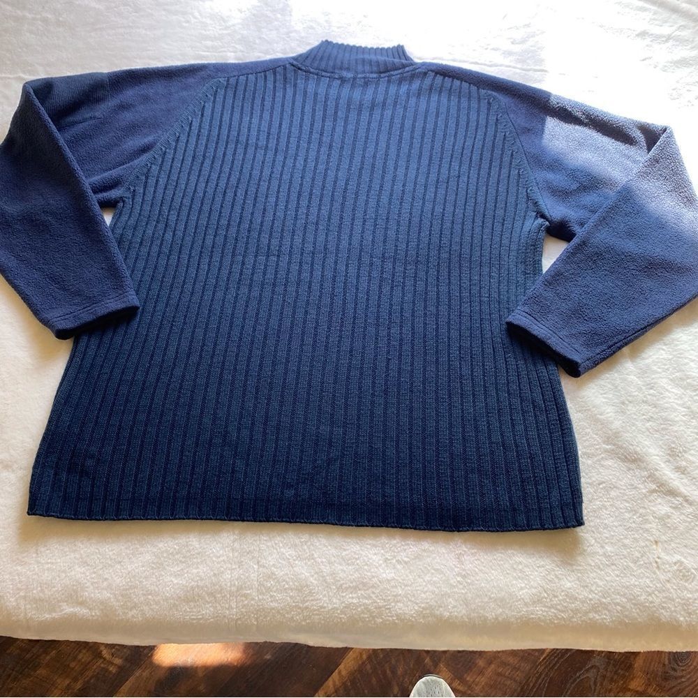 Bruebeck Dark Blue Rib Knit Fleece Sleeves Pullover Mock Turtleneck Sweater